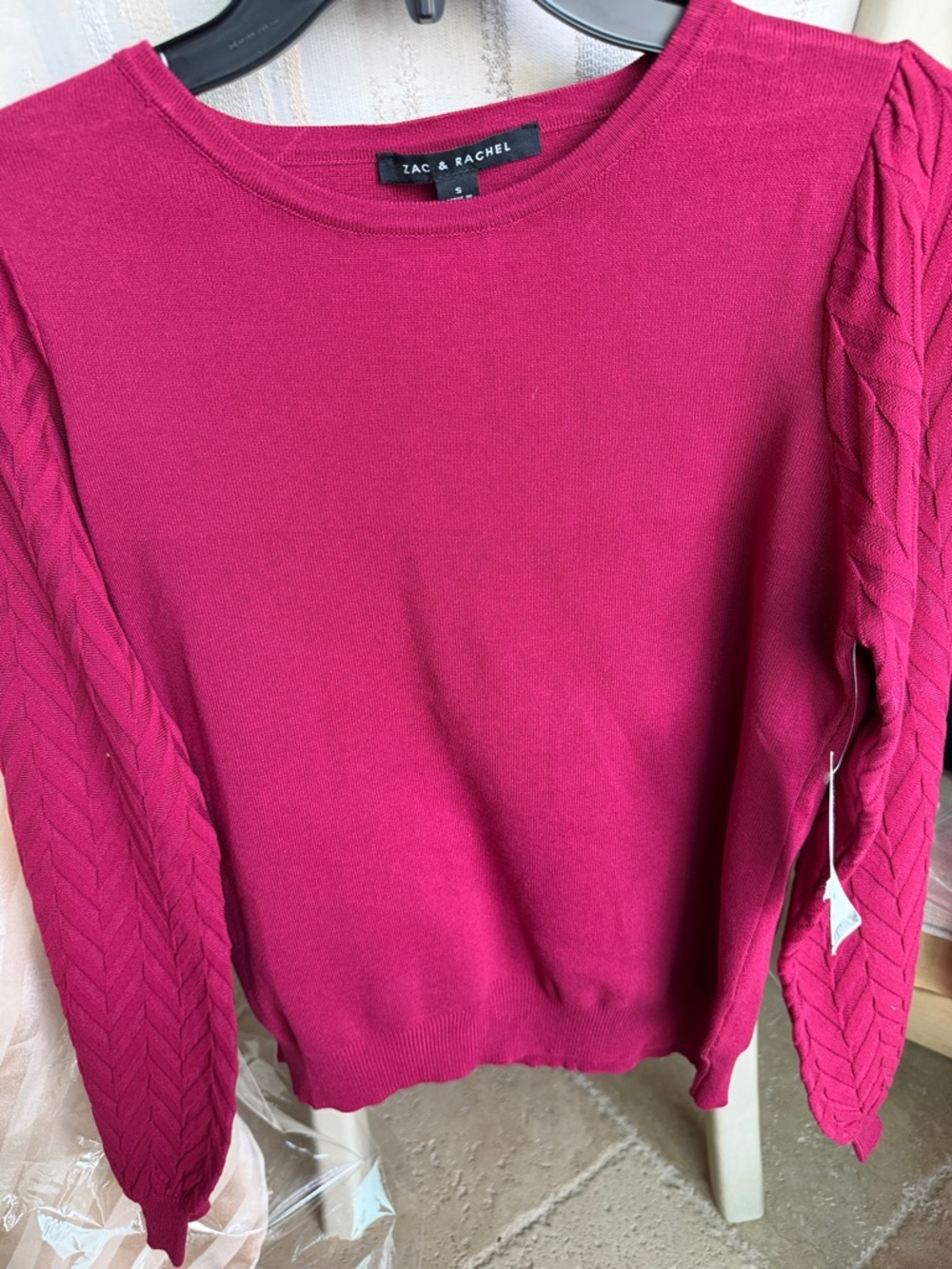 Zac & Rachel Women's Deep Fuchsia Crewneck Sweater with Cable-Detail Sleeves